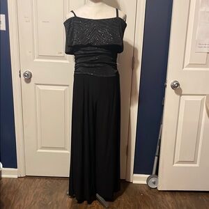 R&M Richards Black Shimmer Off the Shoulder Suit with Elegant Spaghetti Straps